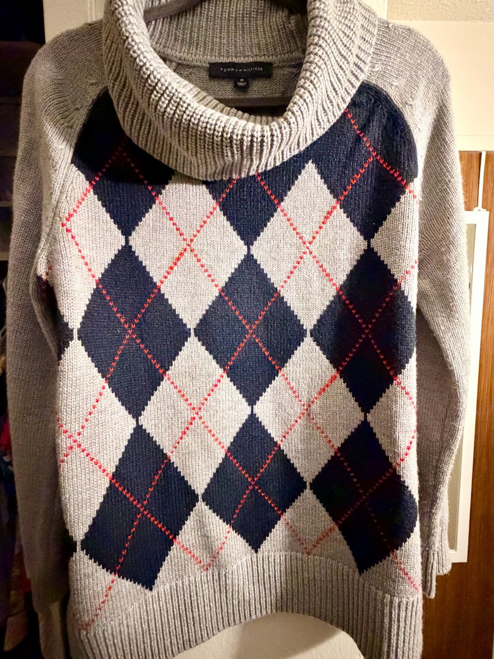 Tommy Hilfiger Gray & Navy Argyle Cowl Neck Sweater with Red Accents